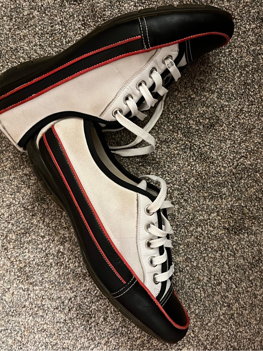 Donald J Pliner white canvas and black leather sneakers with red trim. - Picture 5 of 9